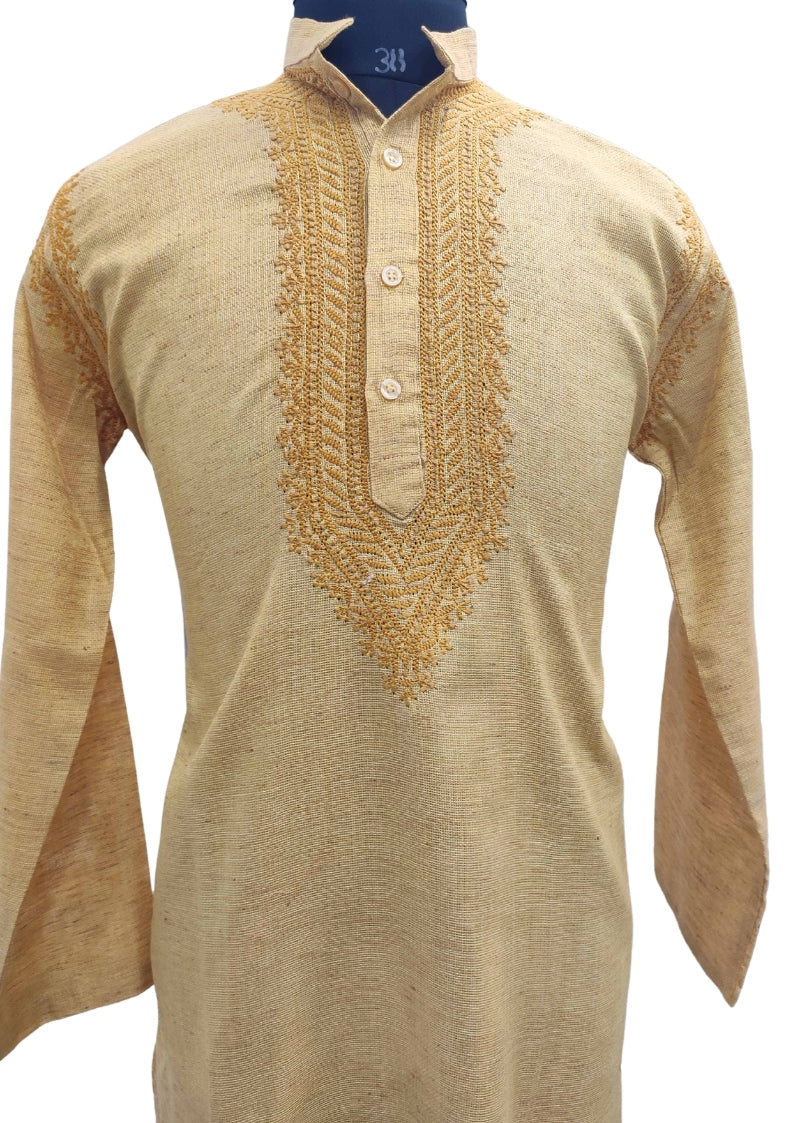 Shyamal Chikan Hand Embroidered Golden Yellow Cotton Lucknowi Chikankari Men's Kurta – S11828