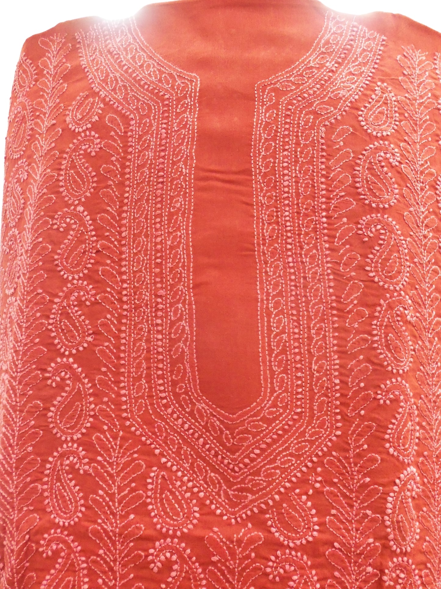 Shyamal Chikan Hand Embroidered Burnt Orange Cotton Lucknowi Chikankari Unstitched Men's Kurta Piece – S1410