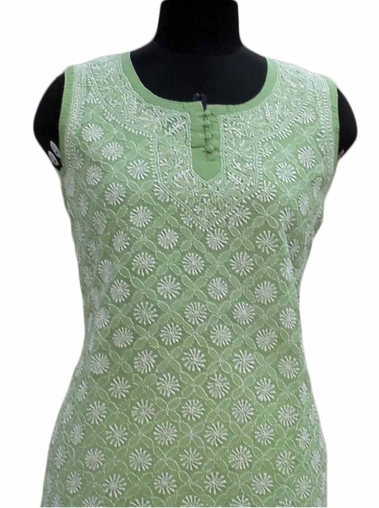Shyamal Chikan Hand Embroidered Green Cotton Lucknowi Chikankari Sleeveless Short Top- S1110