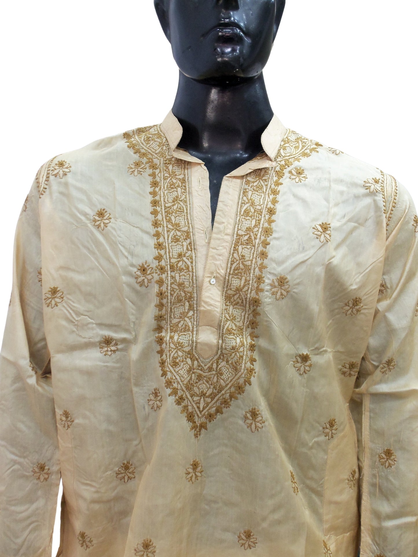 Shyamal Chikan Hand Embroidered Beige Pure Tusser Silk Lucknowi Chikankari Men's Kurta – S1350