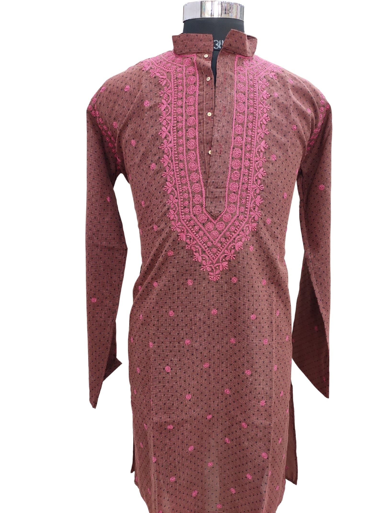 Shyamal Chikan Hand Embroidered Pink Cotton Lucknowi Chikankari Men's Kurta – S4250