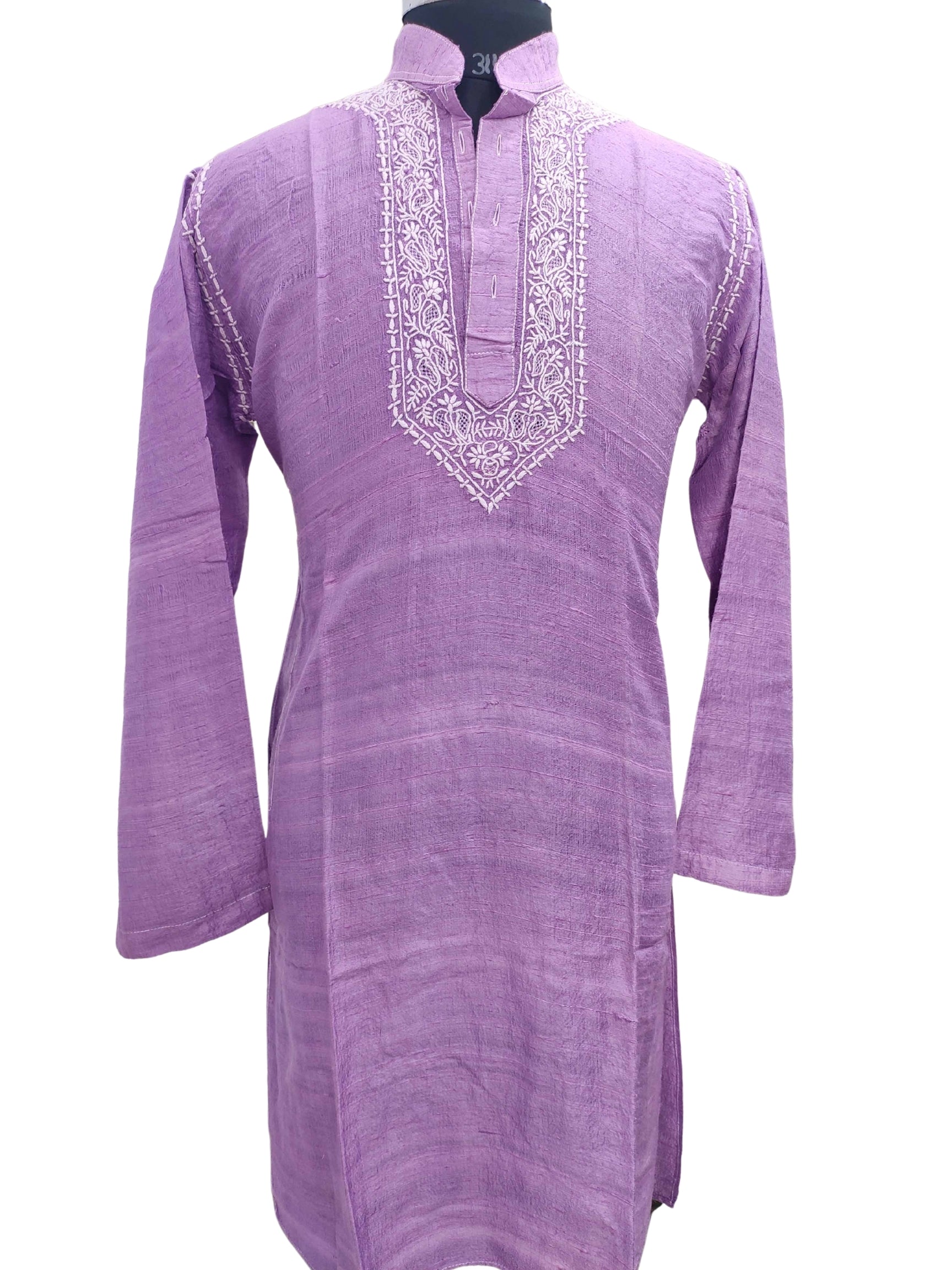 Shyamal Chikan Hand Embroidered Purple Silk Lucknowi Chikankari Men's Kurta – S11767