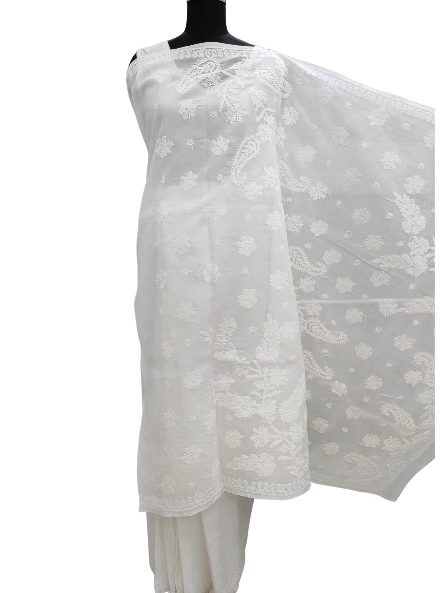 Shyamal Chikan Hand Embroidered White Cotton Lucknowi Chikankari Saree With Blouse Piece- S829