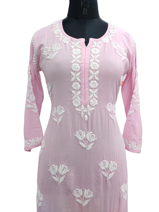 Shyamal Chikan Hand Embroidered Pink Modal Cotton Lucknowi Chikankari Kurti- S18823