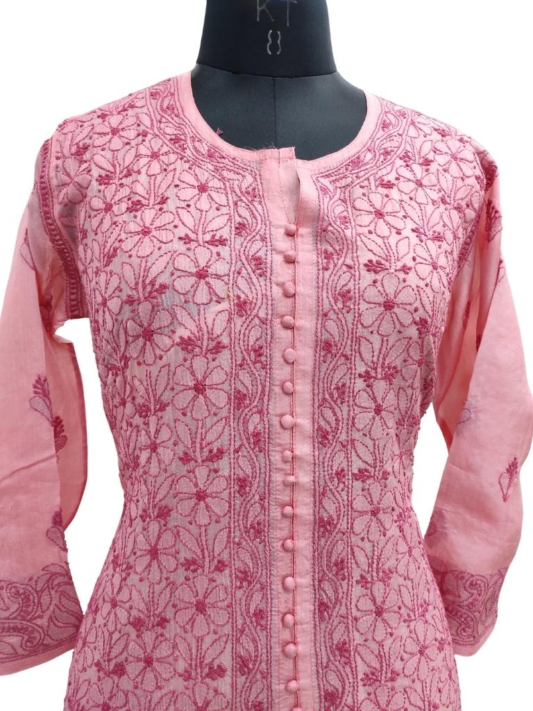 Shyamal Chikan Hand Embroidered Pink Pure Tusser Silk Lucknowi Chikankari Kurti- S14893
