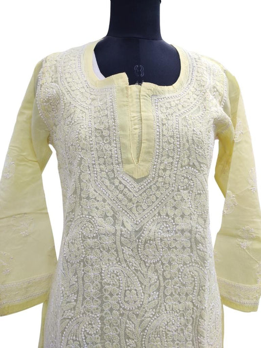 Shyamal Chikan Hand Embroidered Lemon Cotton Lucknowi Chikankari Kurti- S14514