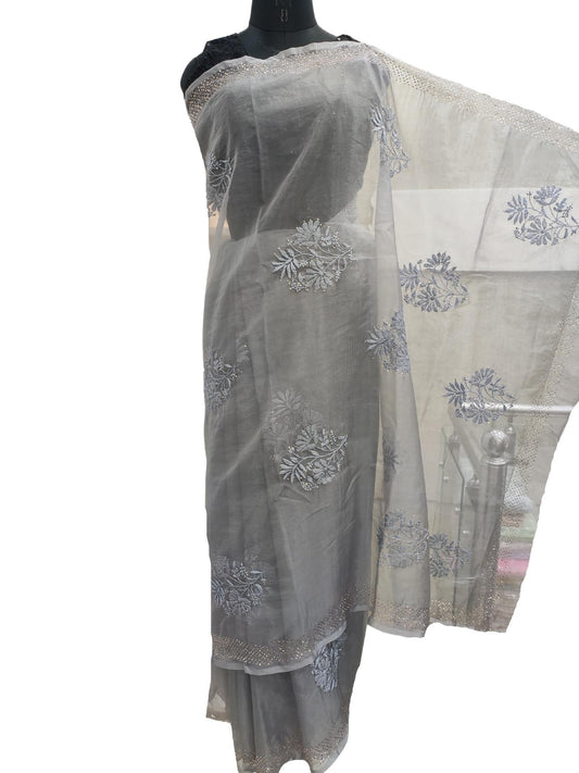 Shyamal Chikan Hand Embroidered Grey Pure Organza Lucknowi Chikankari Saree With Blouse Piece And Mukaish work - S17203