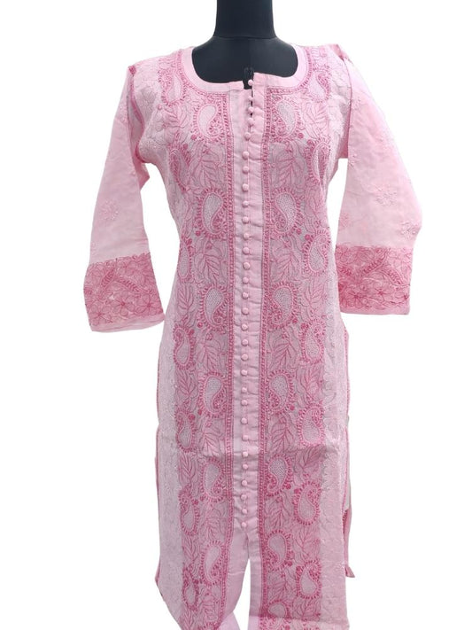 Shyamal Chikan Hand Embroidered Pink Cotton Lucknowi Chikankari Kurti- S4933