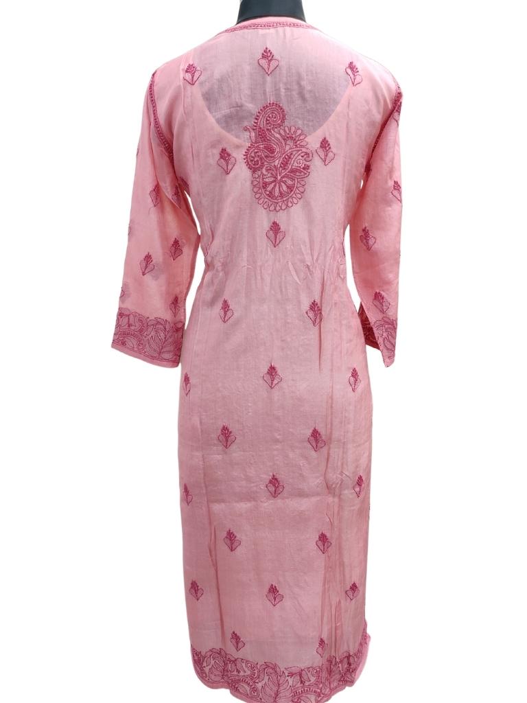 Shyamal Chikan Hand Embroidered Pink Pure Tusser Silk Lucknowi Chikankari Kurti- S14893