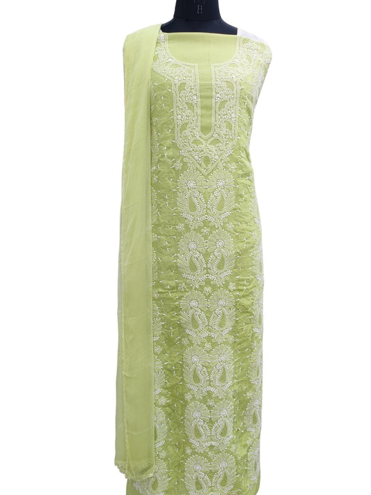 Shyamal Chikan Hand Embroidered Green Cotton Lucknowi Chikankari Unstitched Suit Piece With Daraz And Jaali Work- S18238