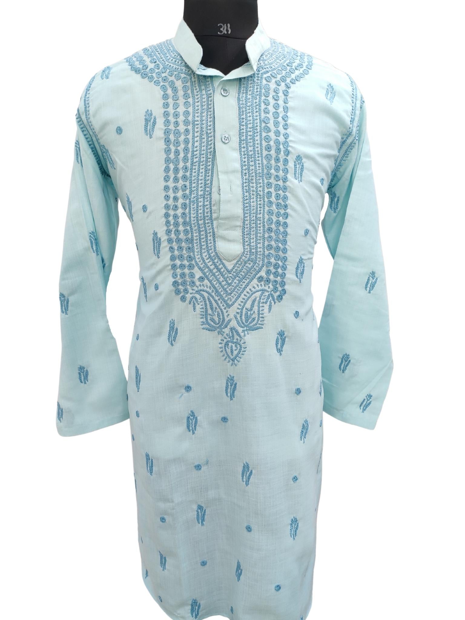 Shyamal Chikan Hand Embroidered Blue Cotton Lucknowi Chikankari Men's Kurta –S18470