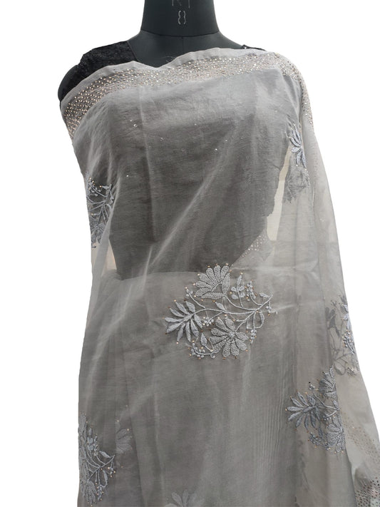 Shyamal Chikan Hand Embroidered Grey Organza Lucknowi Chikankari Saree With Blouse Piece And Mukaish work - S17203