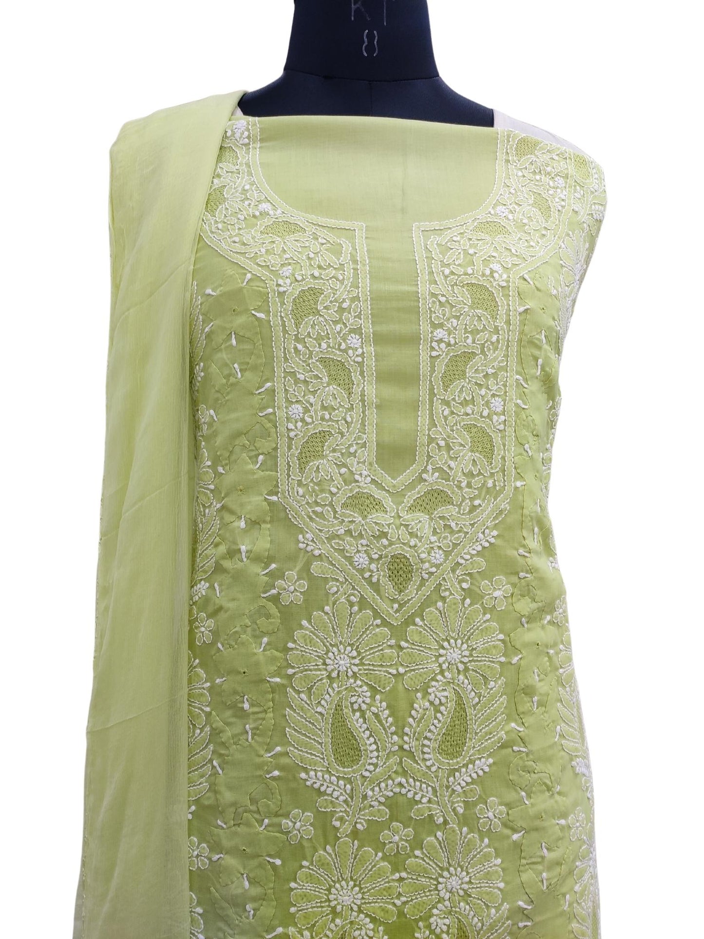 Shyamal Chikan Hand Embroidered Green Cotton Lucknowi Chikankari Unstitched Suit Piece With Daraz And Jaali Work- S18238