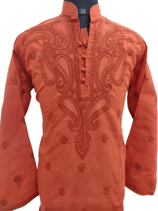 Shyamal Chikan Hand Embroidered Red Cotton Lucknowi Chikankari Men's  Kurta – S17294