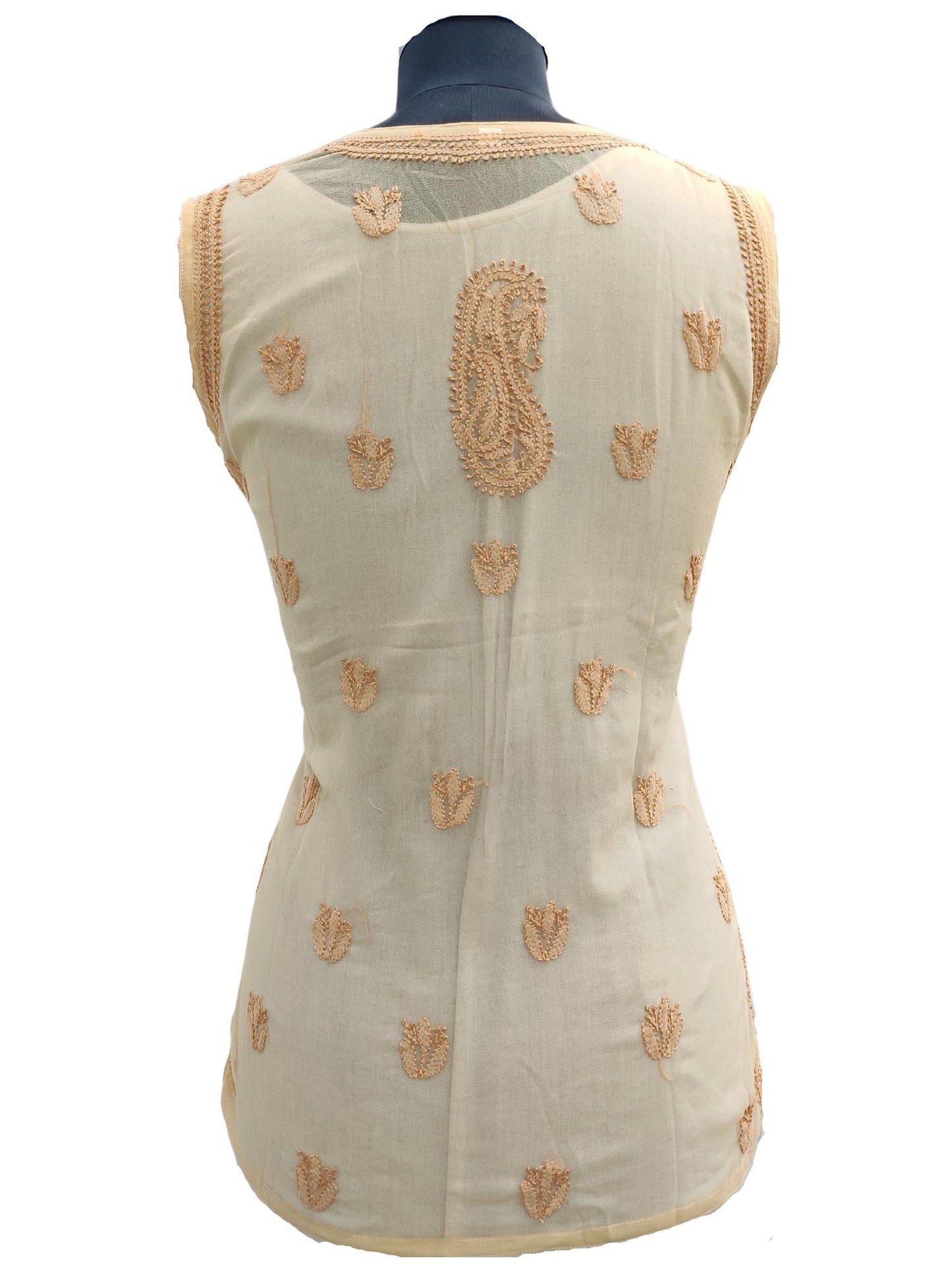 Shyamal Chikan Hand Embroidered Beige Georgette Lucknowi Chikankari Sleeveless Short Top - S16914