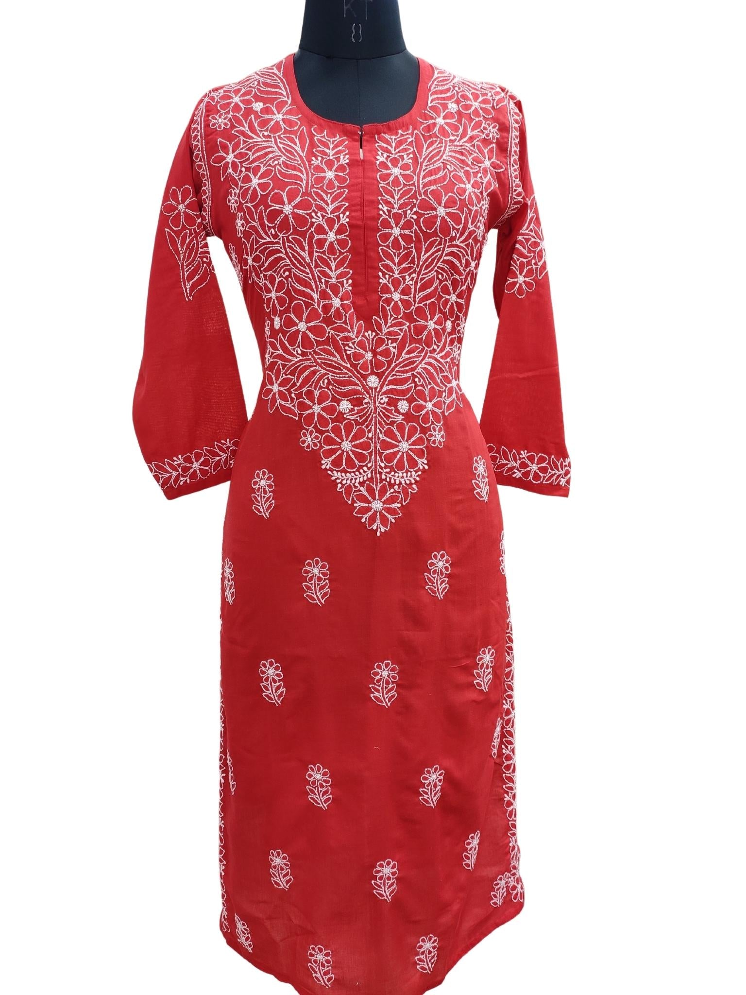 Shyamal Chikan Hand Embroidered Red Cotton Lucknowi Chikankari Kurti - S18086