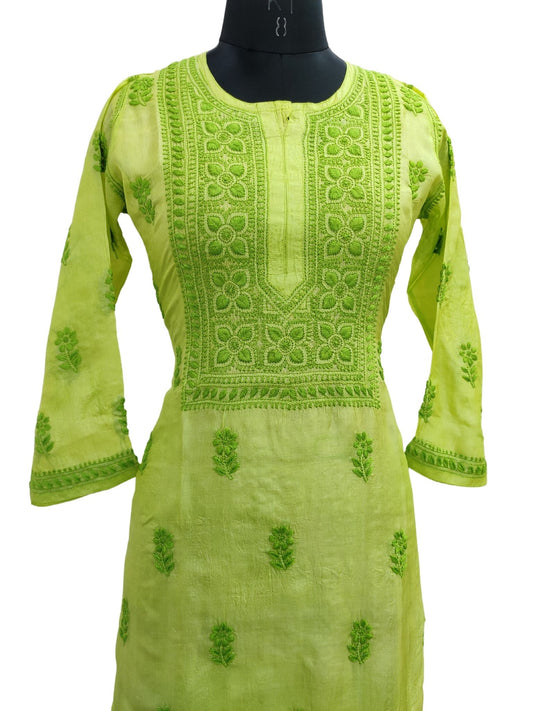 Shyamal Chikan Hand Embroidered Green Pure Tusser Silk Lucknowi Chikankari Kurti- S18781