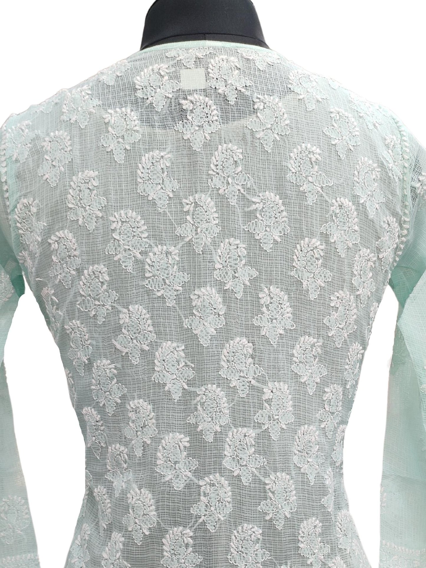 Shyamal Chikan Hand Embroidered Sea Green Kota Doria All-Over Lucknowi Chikankari Short Top - S16888