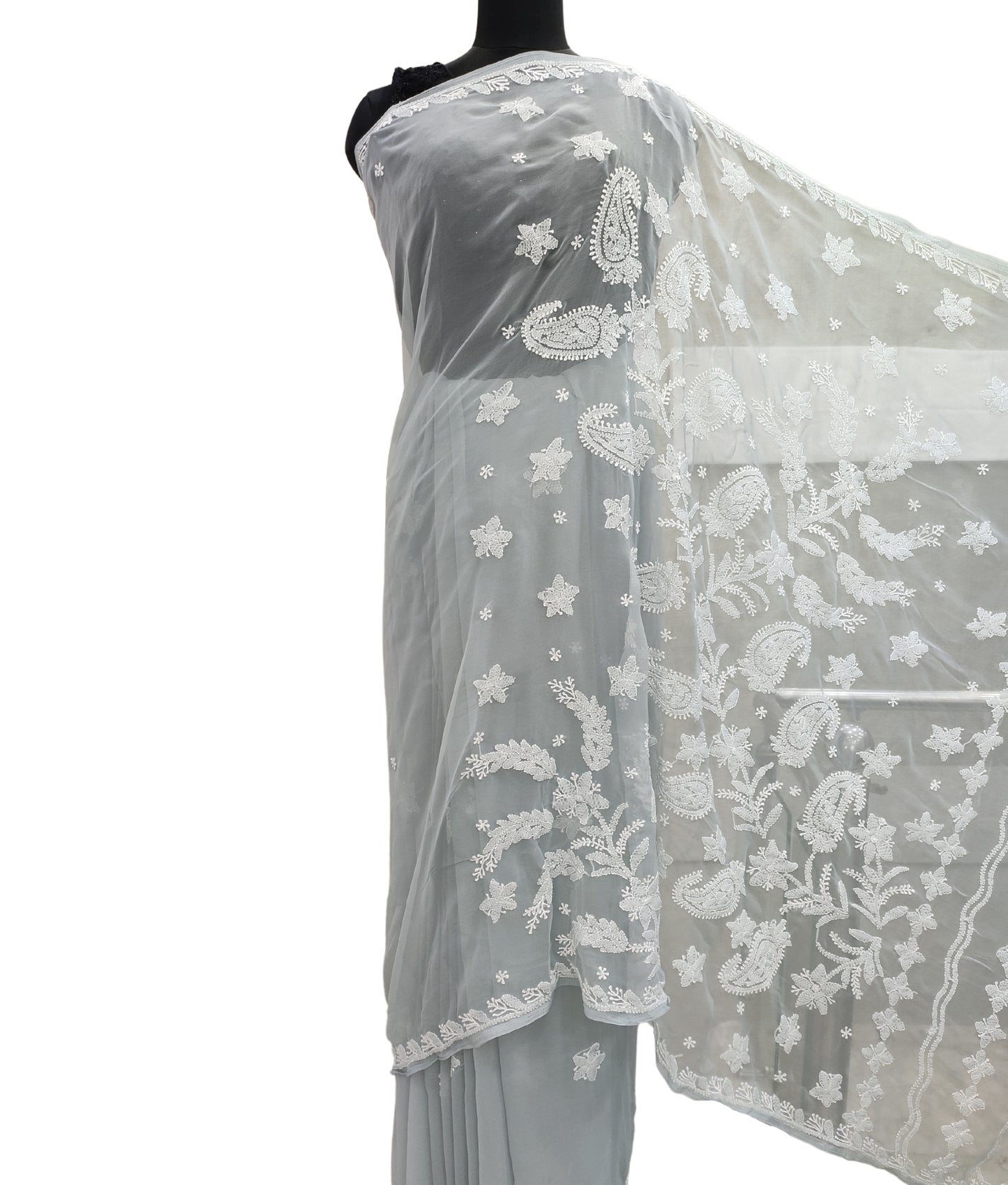 Shyamal Chikan Hand Embroidered Grey Georgette Lucknowi Chikankari Saree With Blouse Piece- S12226