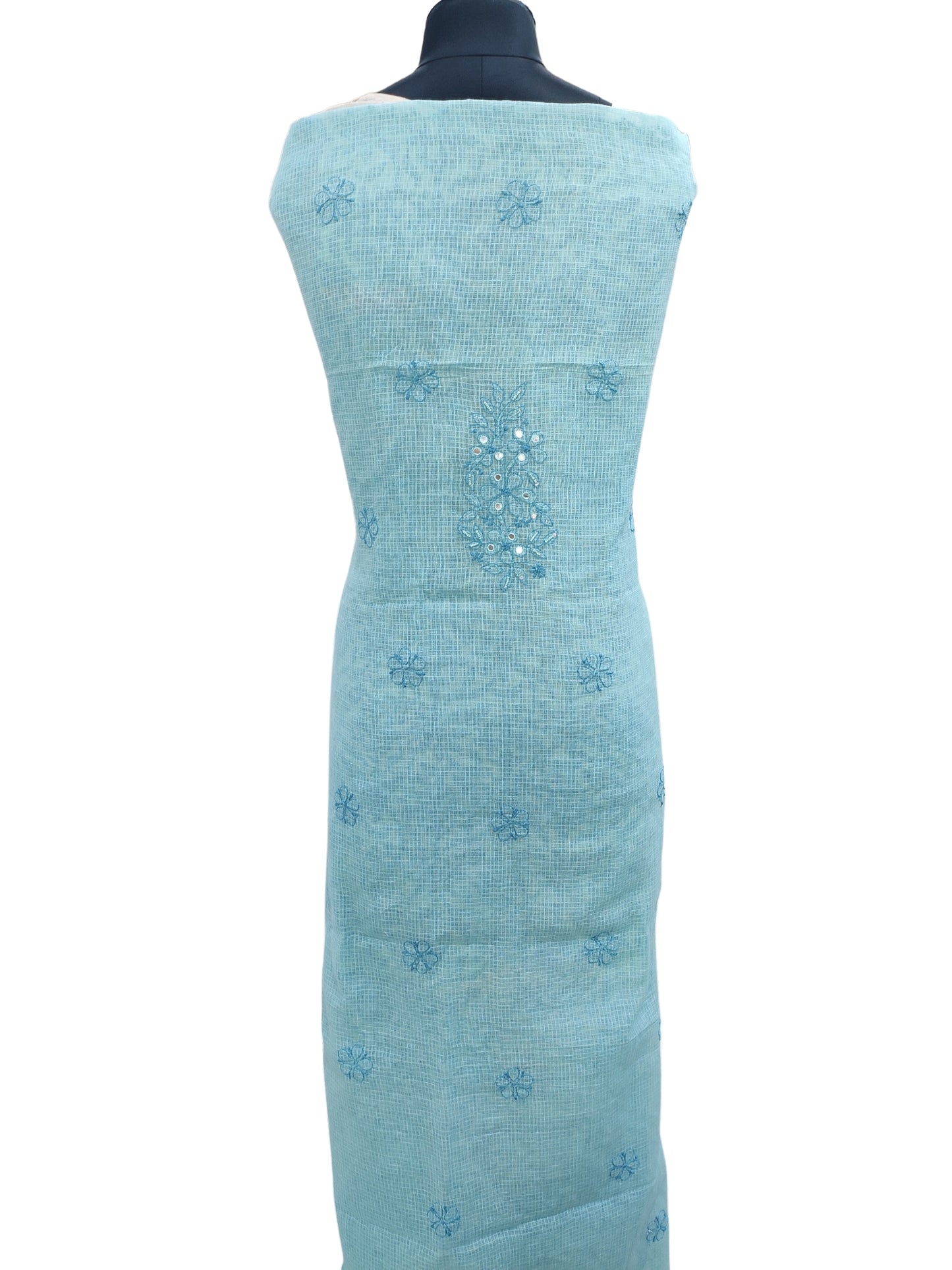 Shyamal Chikan Hand Embroidered Blue Kota Cotton Lucknowi Chikankari Unstitched Kurta Piece With Mirror and Pearl Work - S11731