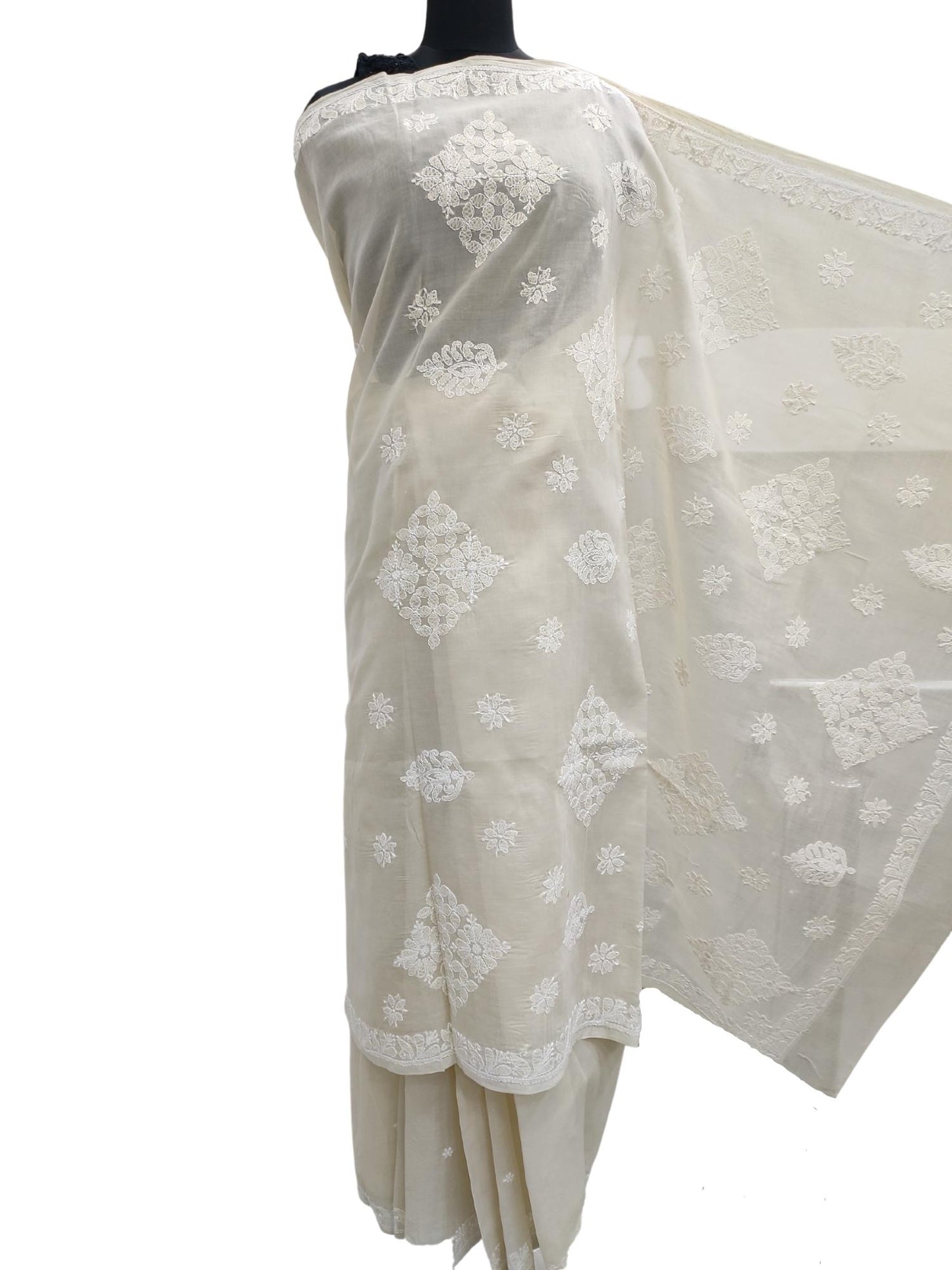 Shyamal Chikan Hand Embroidered Beige Cotton Lucknowi Chikankari Saree With Blouse Piece- S13479 