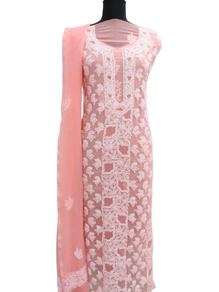 Shyamal Chikan Hand Embroidered Peach Georgette Lucknowi Chikankari Unstitched Suit Piece With Jaali Work - S15177