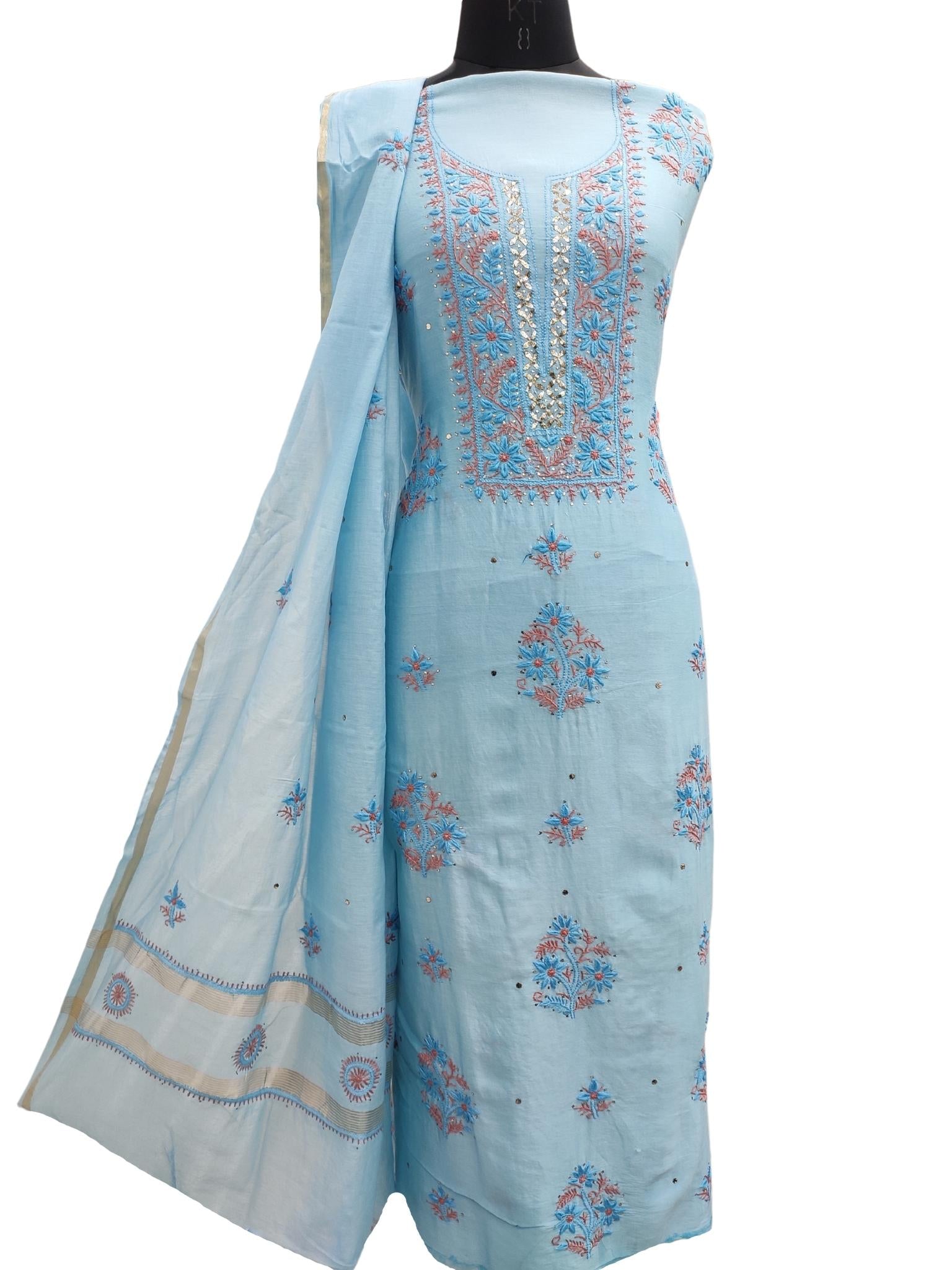 Shyamal Chikan Hand Embroidered Blue Chanderi Silk Lucknowi Chikankari Unstitched Suit Piece With Mukaish Work ( Set of 2 ) - S16780