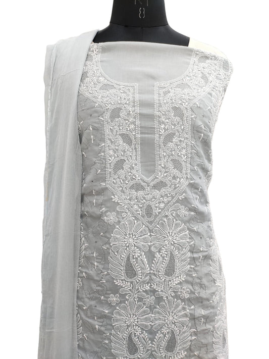 Shyamal Chikan Hand Embroidered Grey Cotton Lucknowi Chikankari Unstitched Suit Piece With Daraz And Jaali Work- S18239