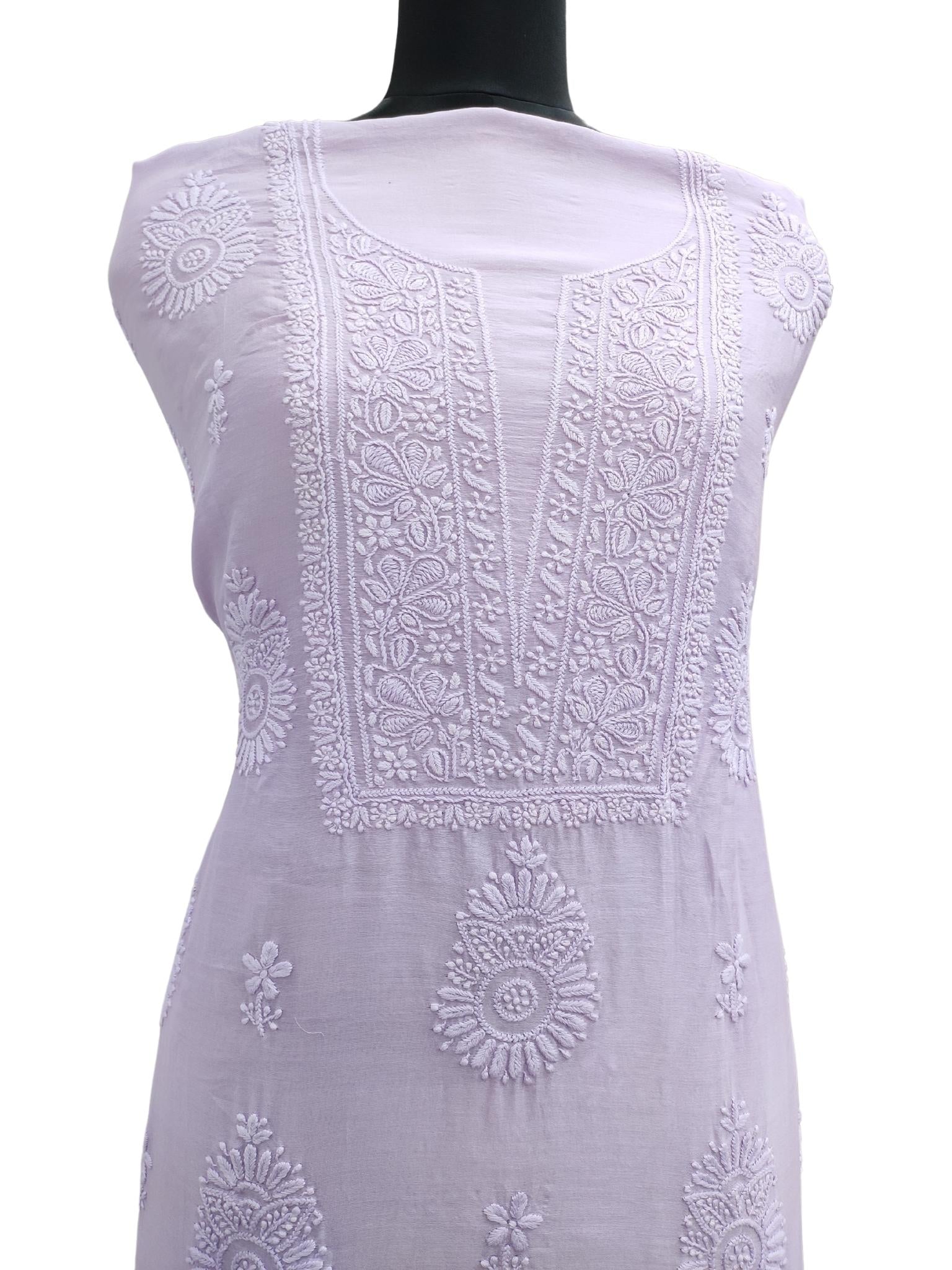 Shyamal Chikan Hand Embroidered Lavender Chanderi Silk Lucknowi Chikankari Unstitched Kurta Piece - S9655 - Shyamal Chikan