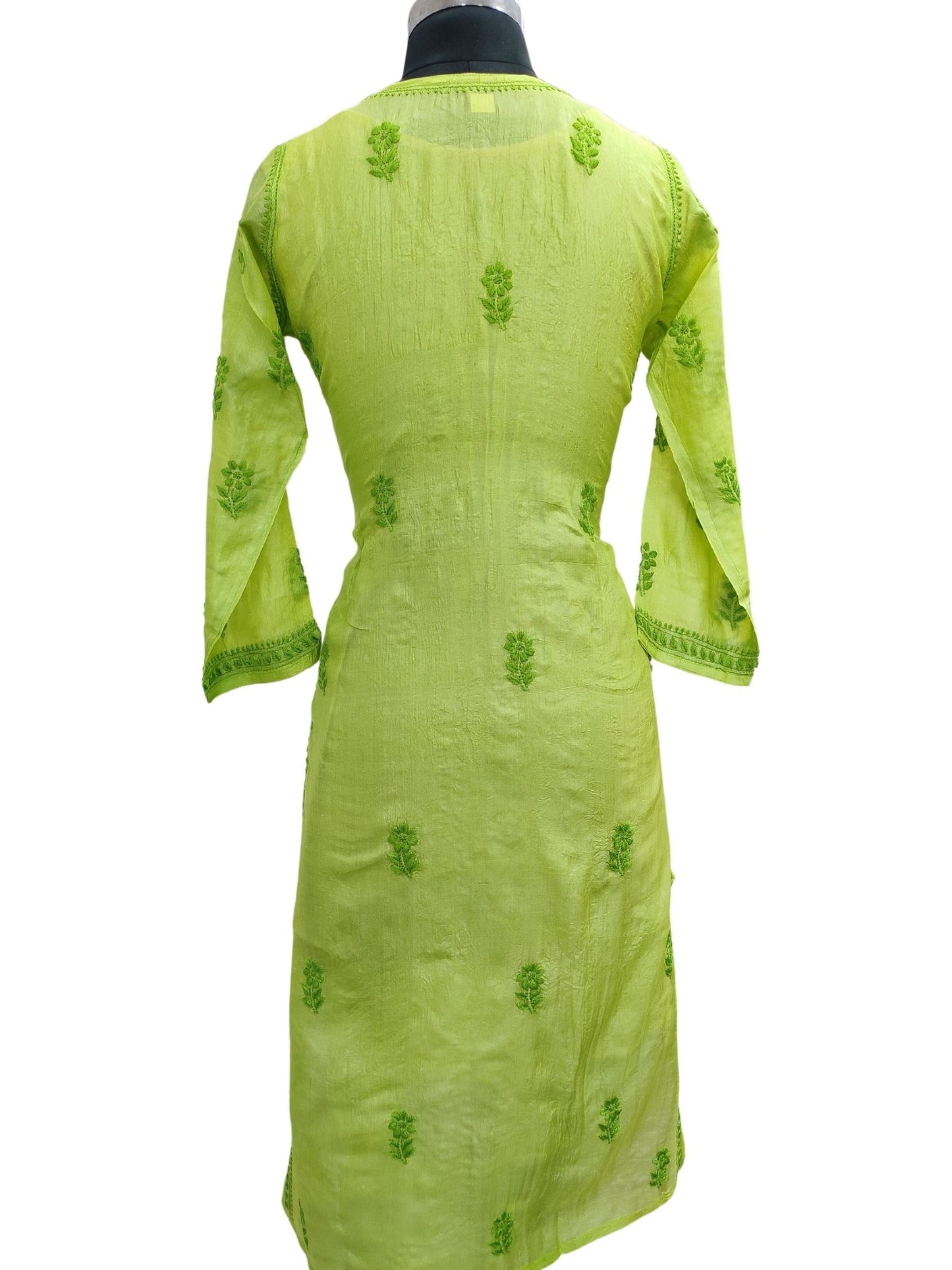 Shyamal Chikan Hand Embroidered Green Pure Tusser Silk Lucknowi Chikankari Kurti- S18781