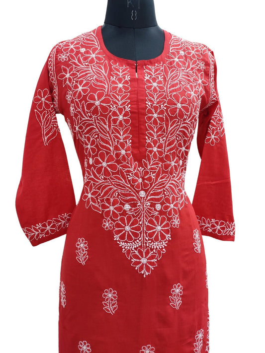 Shyamal Chikan Hand Embroidered Red Cotton Lucknowi Chikankari Kurti S18086