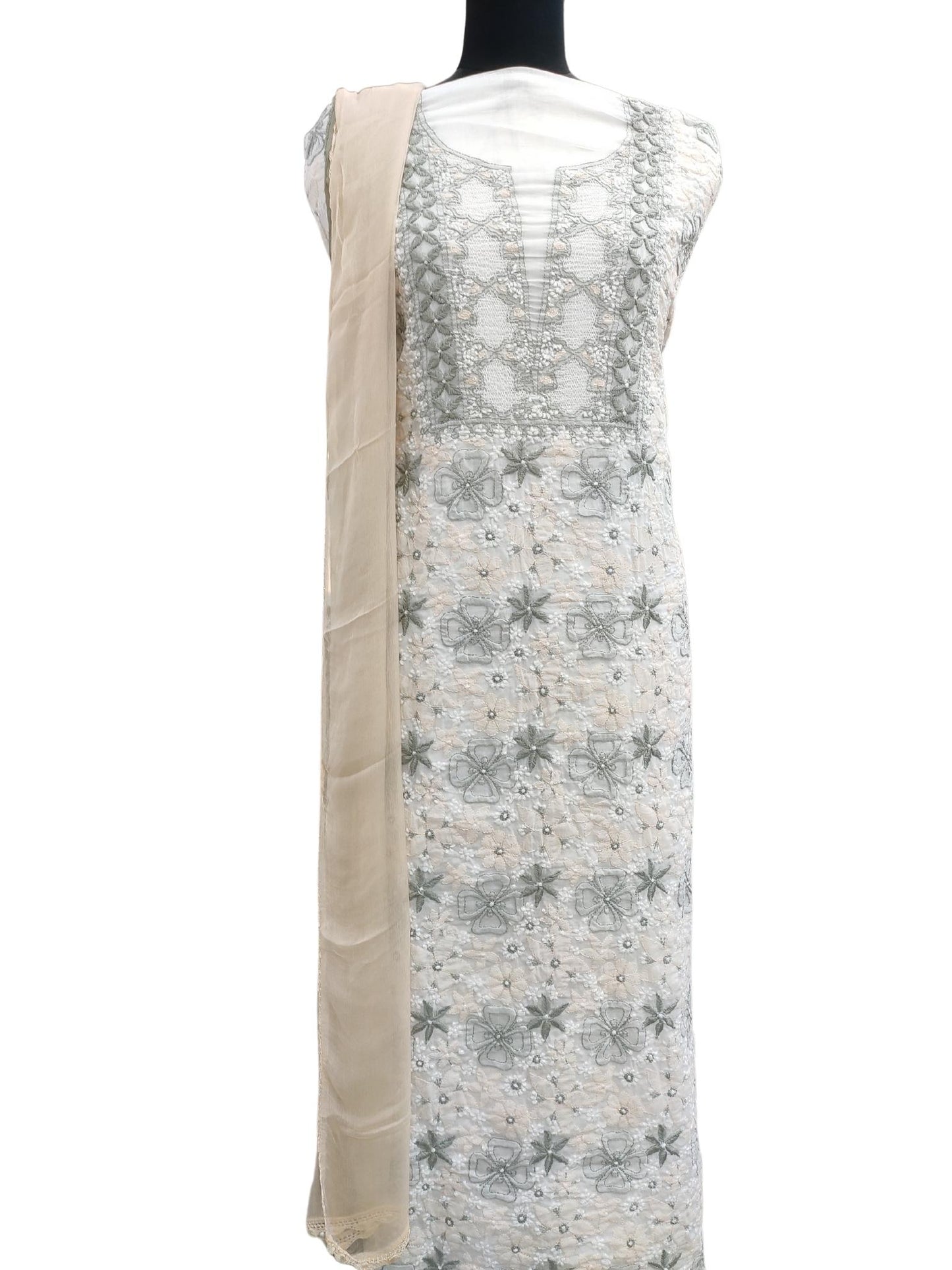 Shyamal Chikan Hand Embroidered White Pure Cotton Lucknowi Chikankari Unstitched Suit Piece - S16051