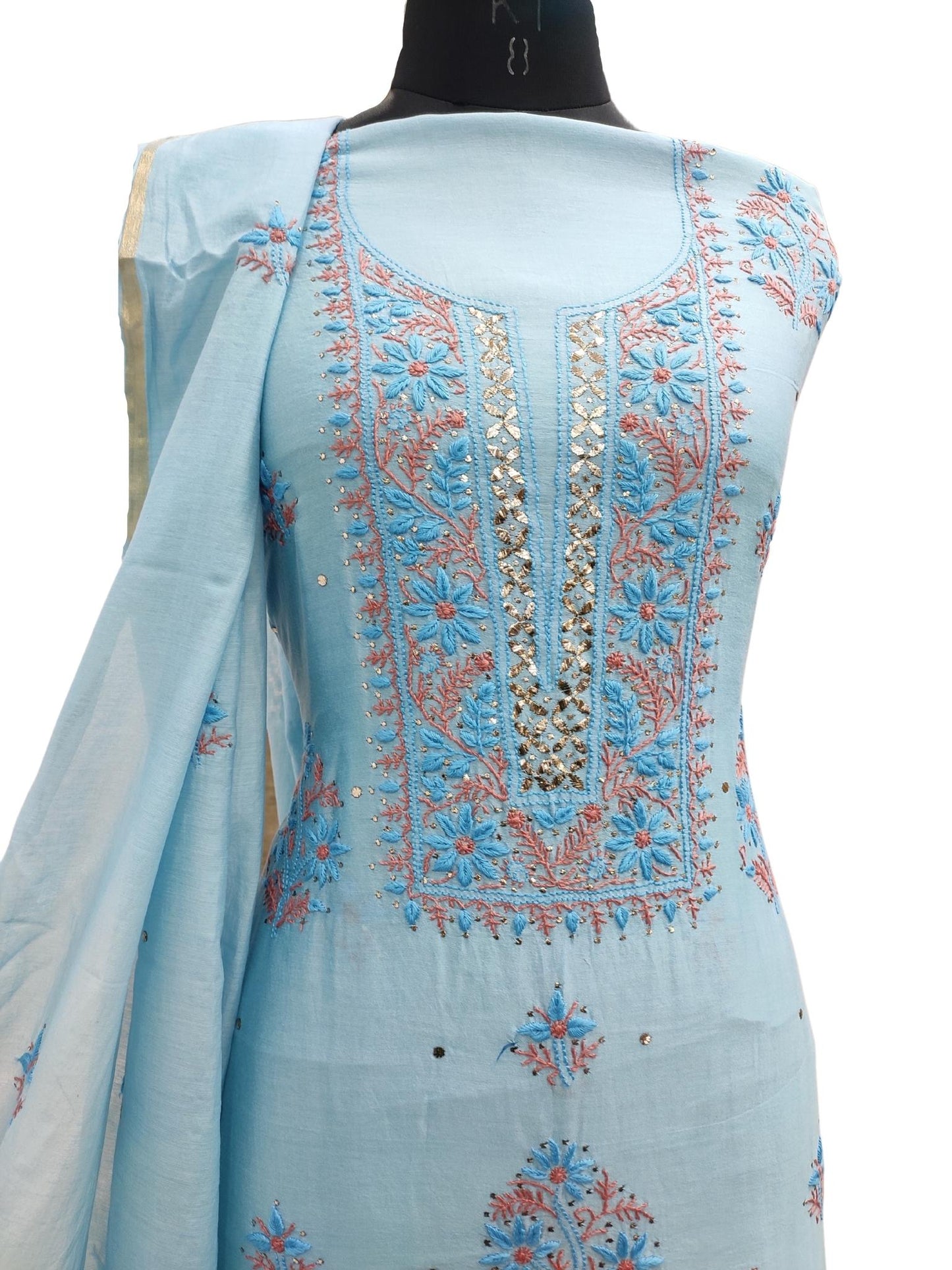 Shyamal Chikan Hand Embroidered Blue Chanderi Silk Lucknowi Chikankari Unstitched Suit Piece With Mukaish Work (Kurta Dupatta Set ) - S16780