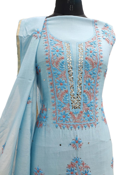 Shyamal Chikan Hand Embroidered Blue Chanderi Silk Lucknowi Chikankari Unstitched Suit Piece With Mukaish Work (Kurta Dupatta Set ) - S16780