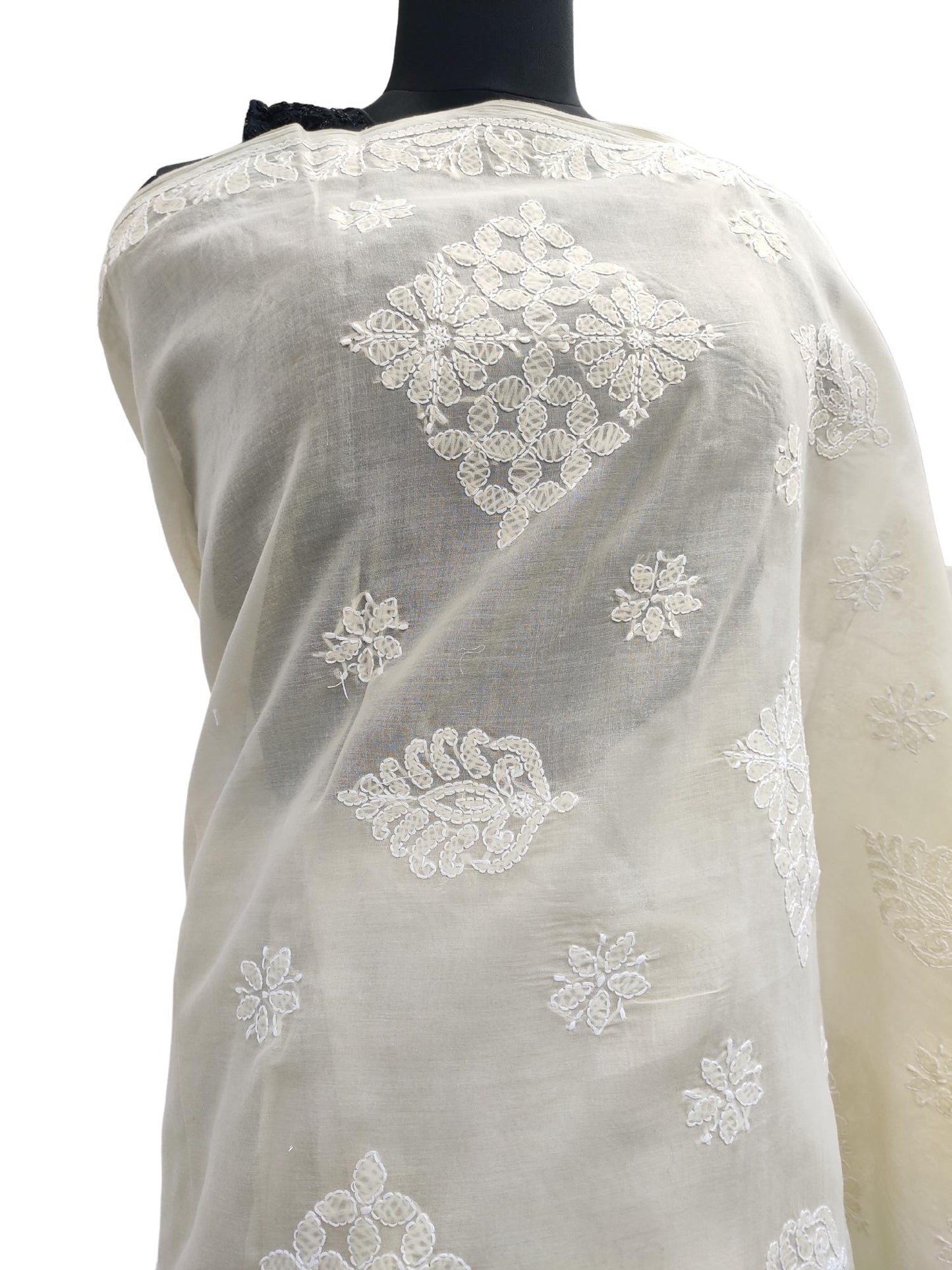 Shyamal Chikan Hand Embroidered Beige Cotton Lucknowi Chikankari Saree With Blouse Piece- S13479