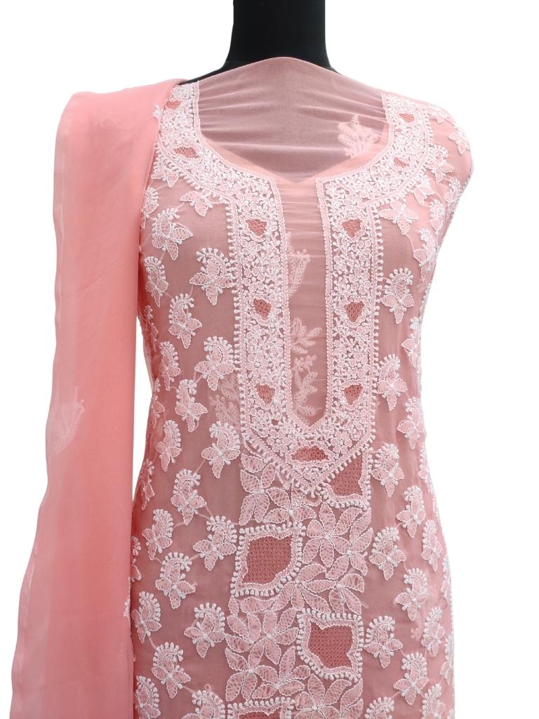Shyamal Chikan Hand Embroidered Peach Georgette Lucknowi Chikankari Unstitched Suit Piece With Jaali Work - S15177
