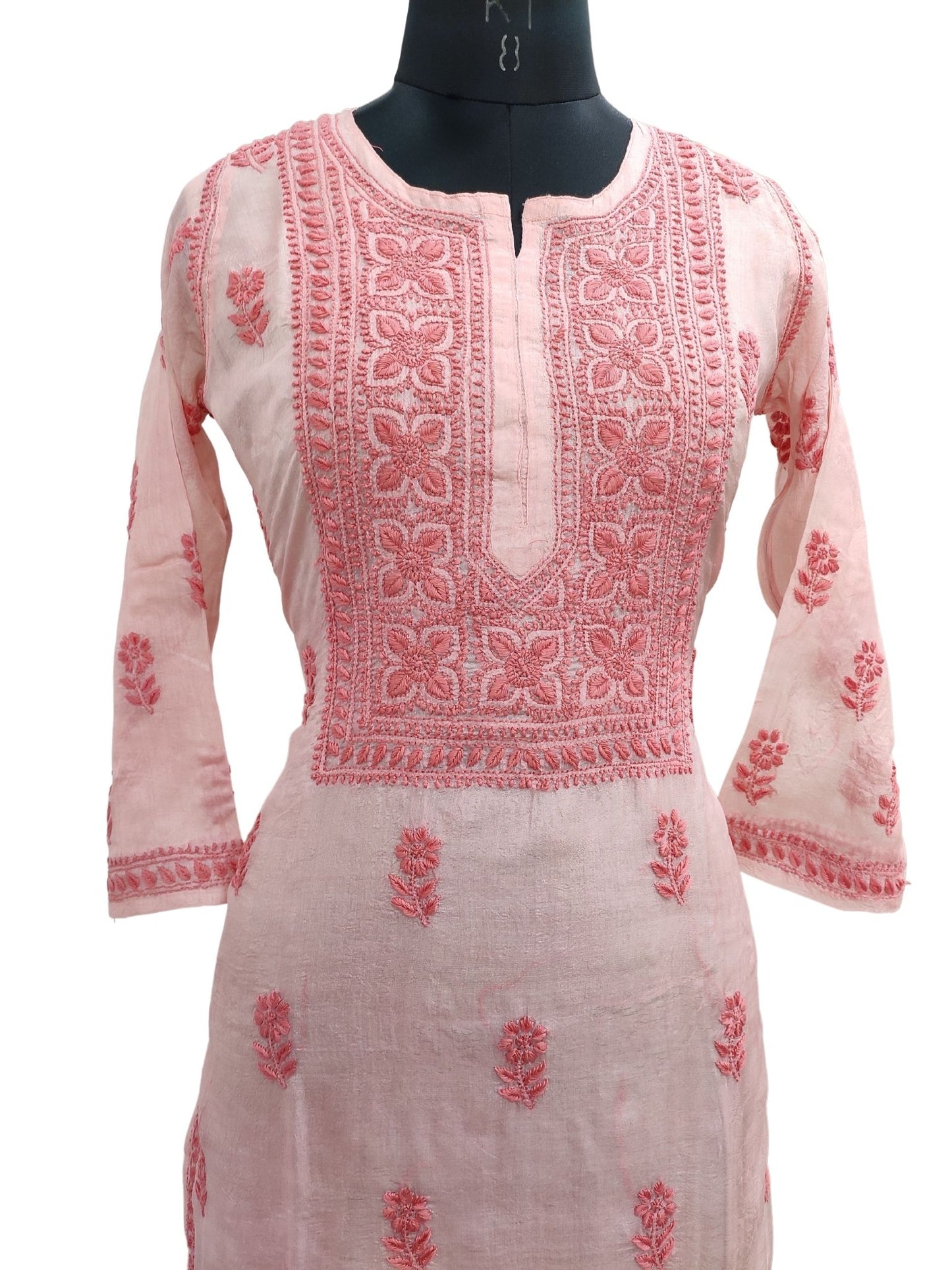 Shyamal Chikan Hand Embroidered Pink Pure Tusser Silk Lucknowi Chikankari Kurti- S18753