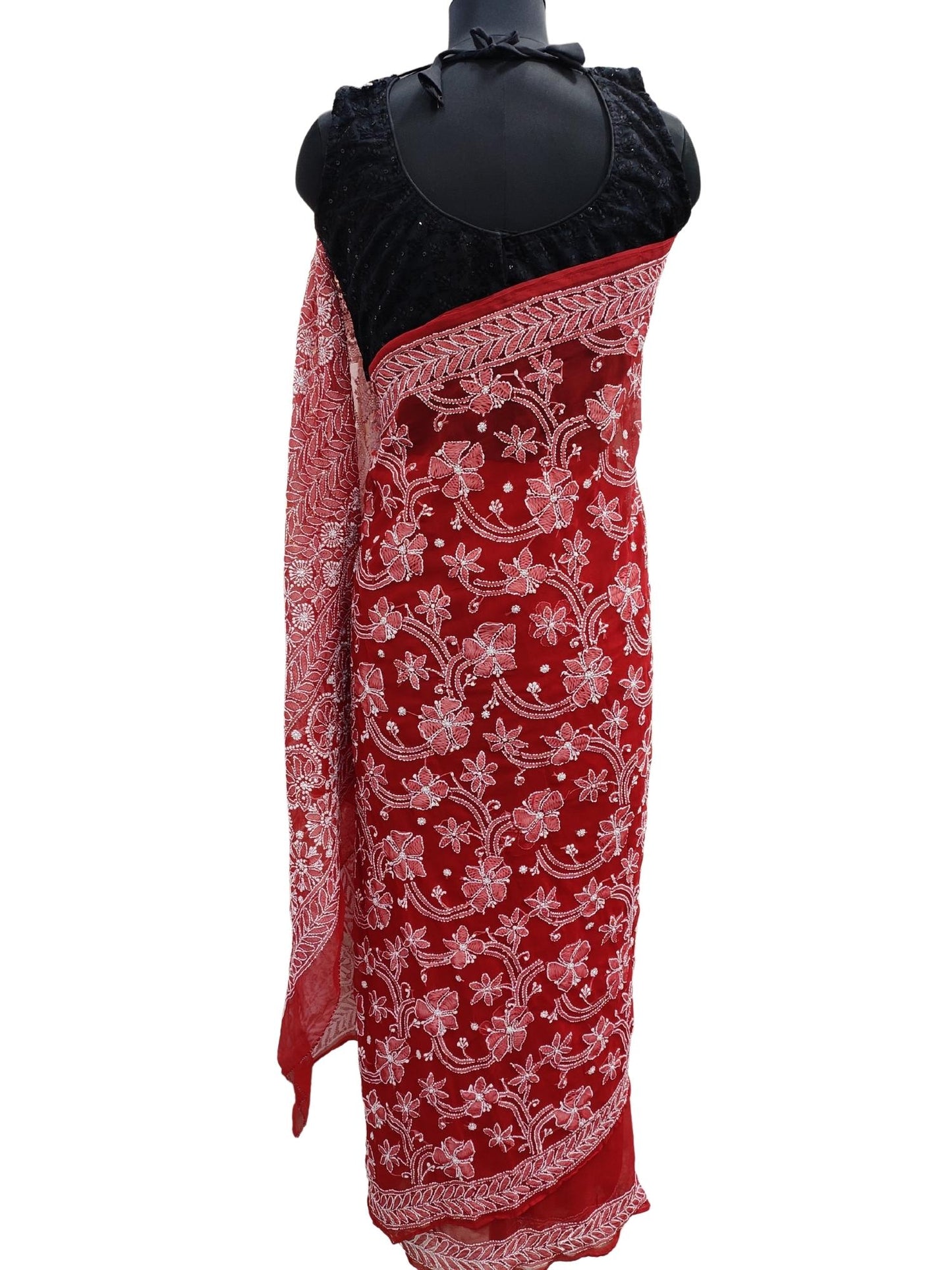 Shyamal Chikan Hand Embroidered Red Georgette Lucknowi Chikankari Shoulder Jaal Saree With Blouse Piece - S13649