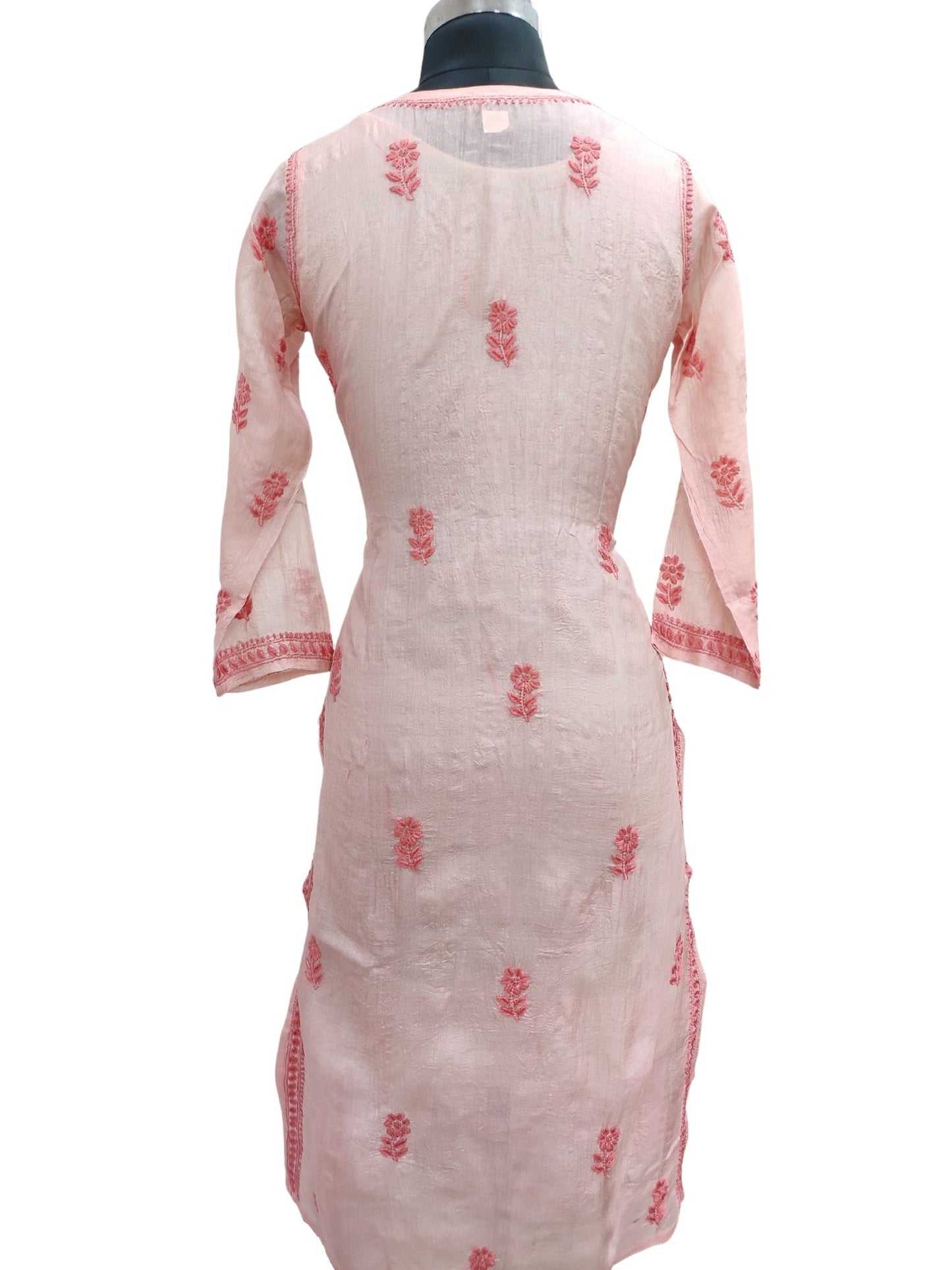 Shyamal Chikan Hand Embroidered Pink Pure Tusser Silk Lucknowi Chikankari Kurti- S18753