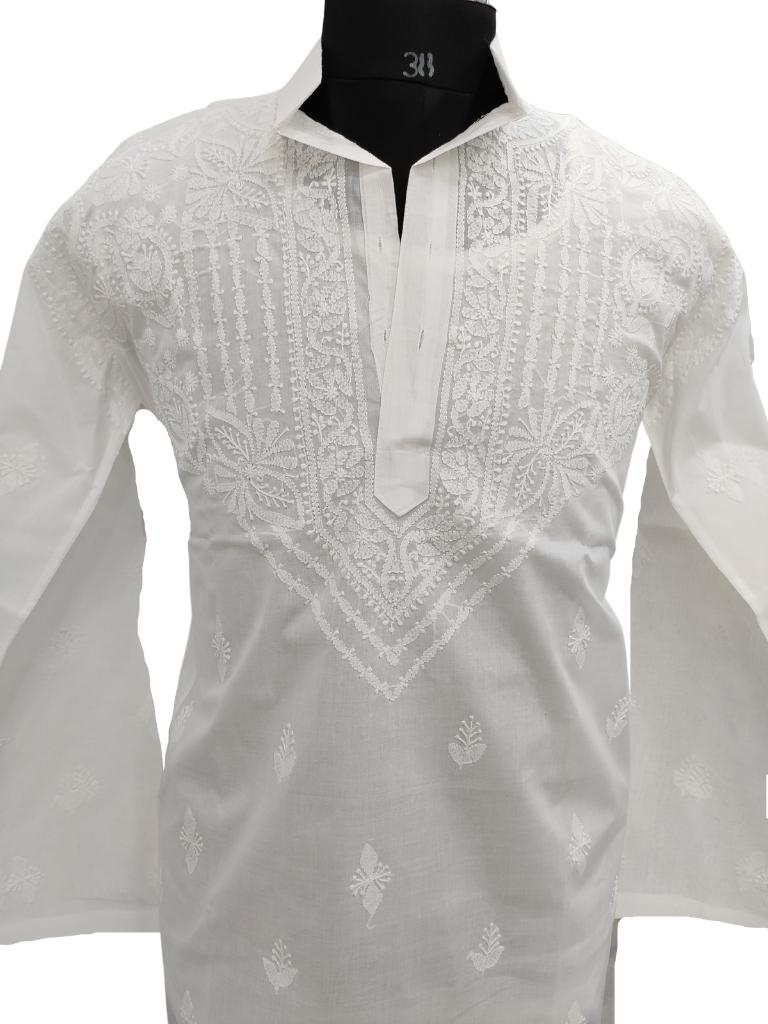 Shyamal Chikan Hand Embroidered White Cotton Lucknowi Chikankari Men's Kurta – S15519