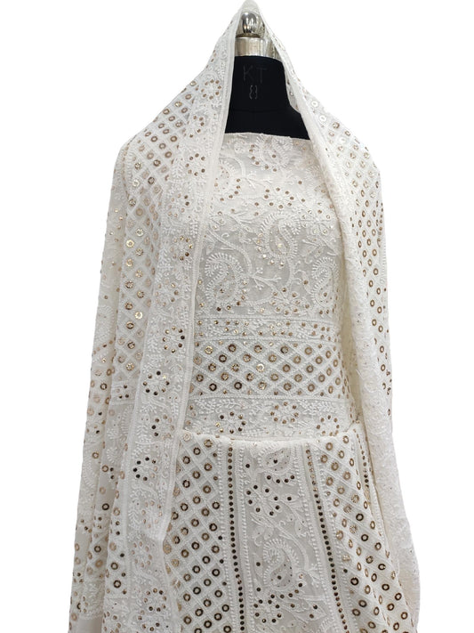Shyamal Chikan Hand Embroidered White Pure Georgette Lucknowi Chikankari Lehenga Set With Ring Mukaish Work - S17195