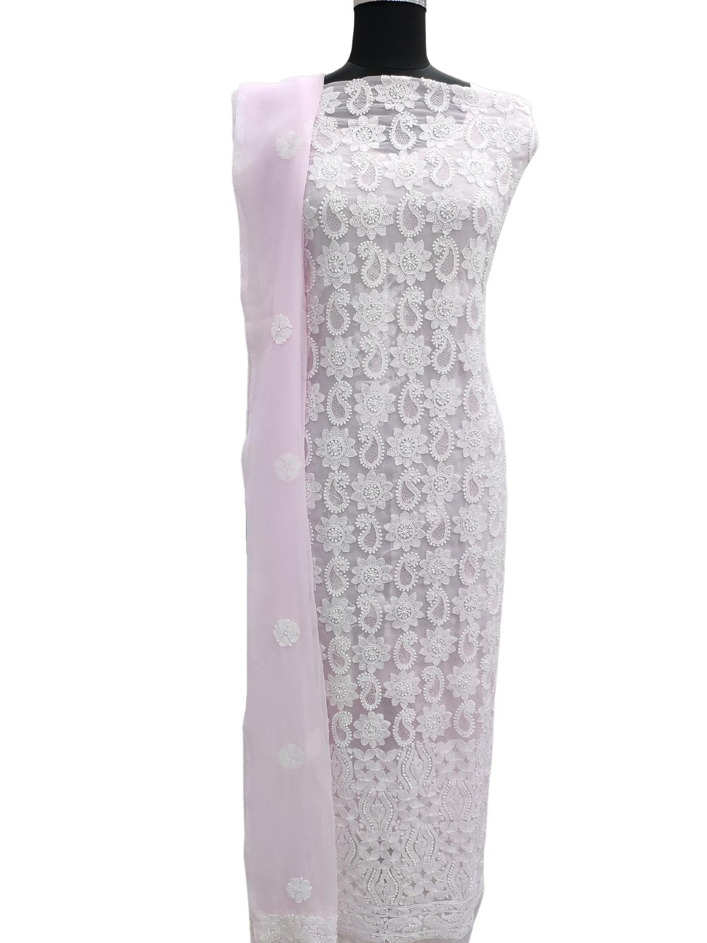 Shyamal Chikan Hand Embroidered Pink Georgette Lucknowi Chikankari Unstitched Suit Piece With Jaali Work - S10301
