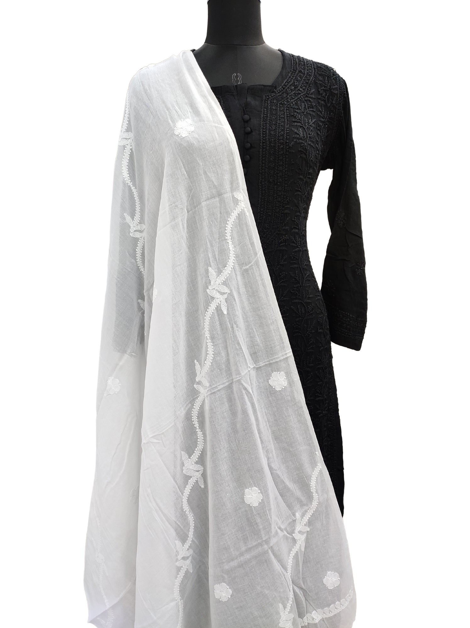 Shyamal Chikan Hand Embroidered White Malmal Cotton Lucknowi Chikankari Dupatta - S12464