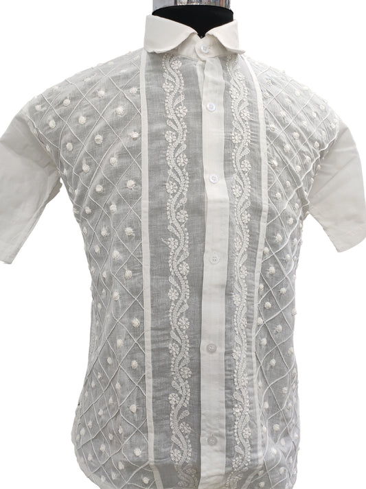 Shyamal Chikan Hand Embroidered White Cotton Lucknowi Chikankari Men's Shirt – S12493