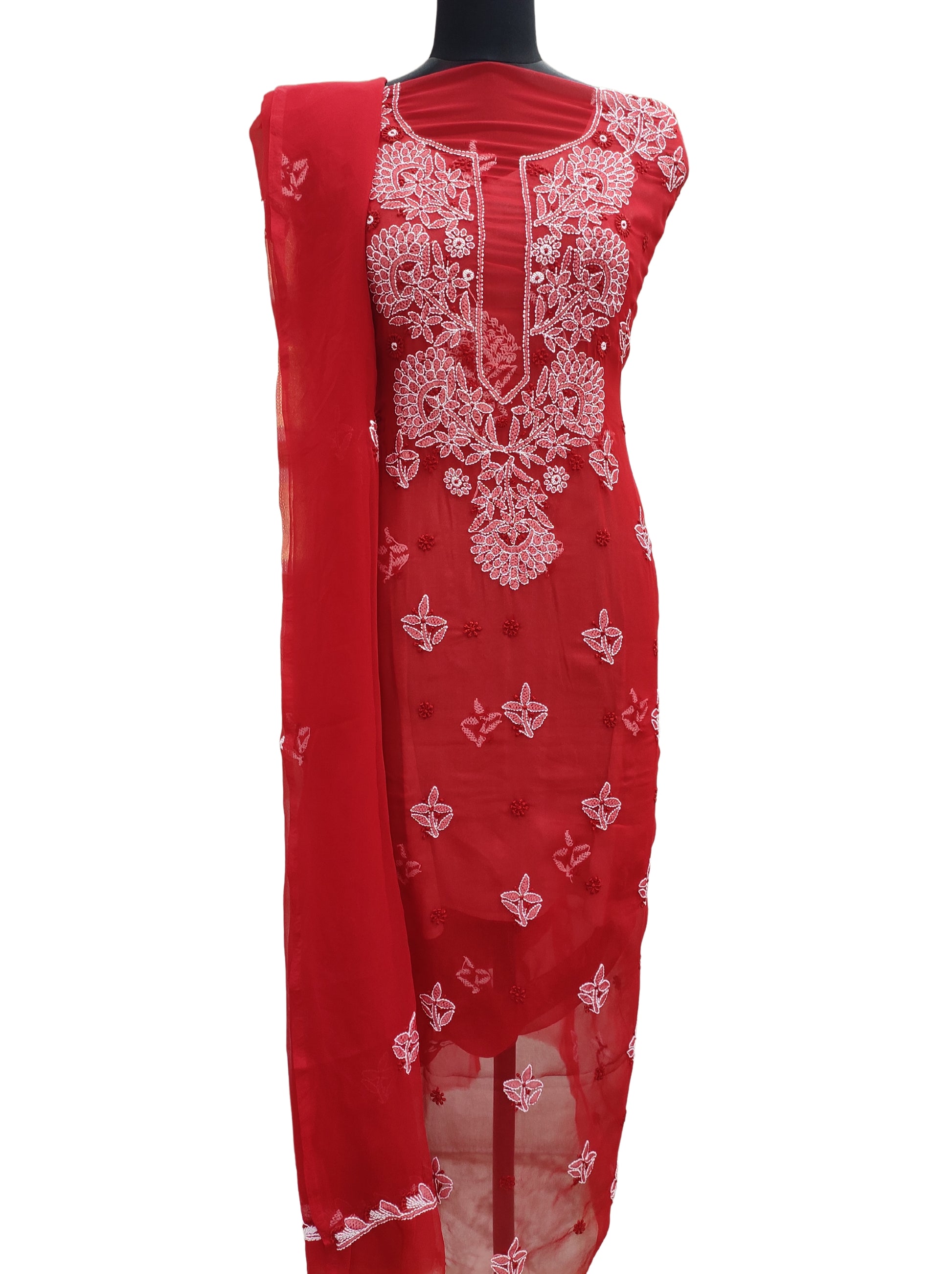 Shyamal Chikan Hand Embroidered Red Georgette Lucknowi ChShyamal Chikan Hand Embroidered Red Georgette Lucknowi Chikankari Unstitched Suit Piece - S15272ikankari Unstitched Suit Piece - S15272