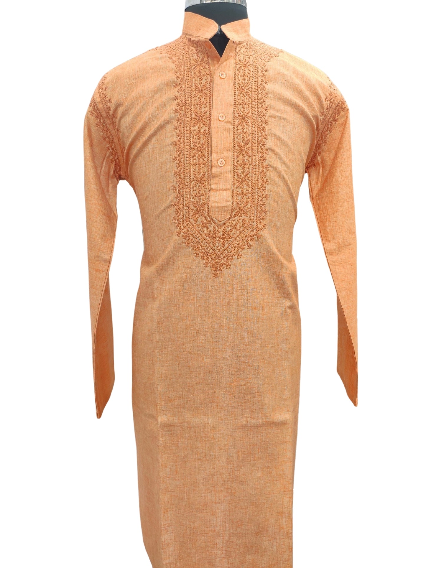 Shyamal Chikan Hand Embroidered Orange Cotton Lucknowi Chikankari Men's Kurta – S12986