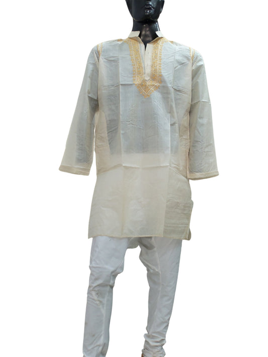 Shyamal Chikan Hand Embroidered Beige Pure Tusser Silk Lucknowi Chikankari Men's Kurta – S1347