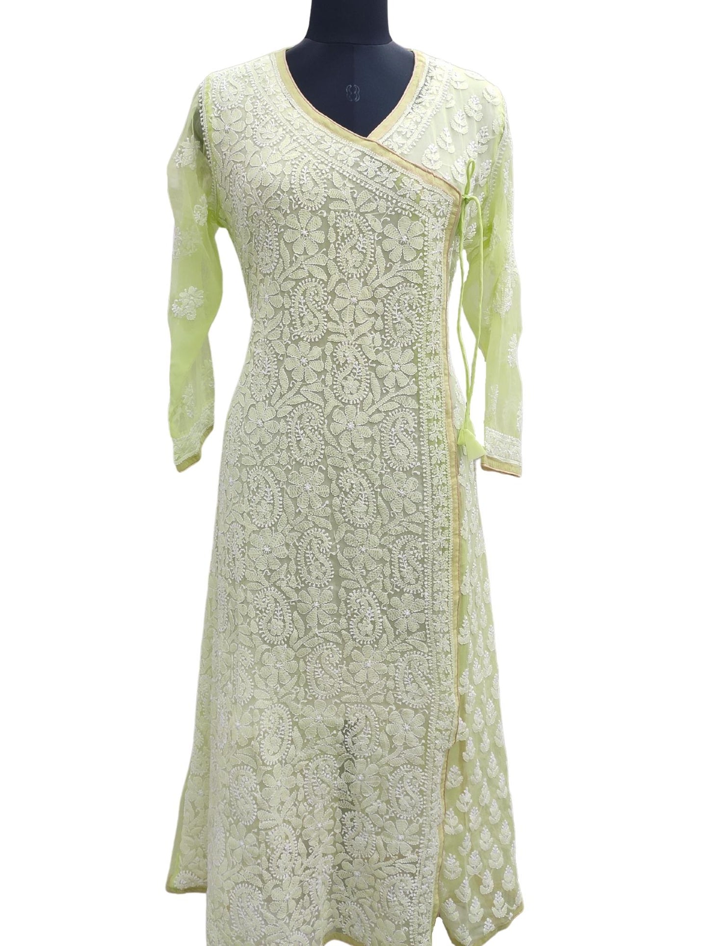 Shyamal Chikan Hand Embroidered Green Georgette Lucknowi Chikankari A Line Angrakha PatternKurti - S13974
