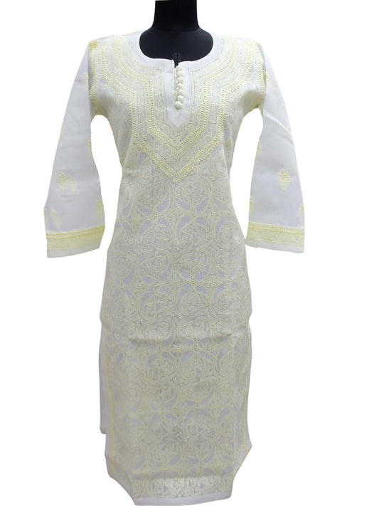 Shyamal Chikan Hand Embroidered Lemon Cotton Lucknowi Chikankari Kurti With Jaali Work- S3118