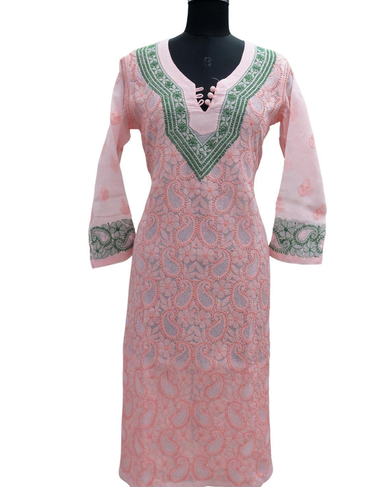 Shyamal Chikan Hand Embroidered Peach Cotton Lucknowi Chikankari Kurti- S959